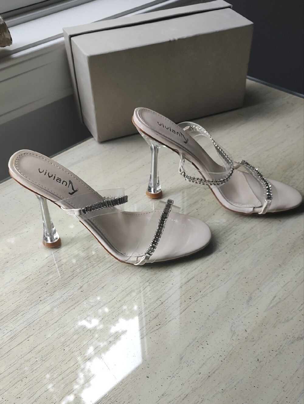 Elegant Beige Rhinestone Strap Stiletto Sandals - Women